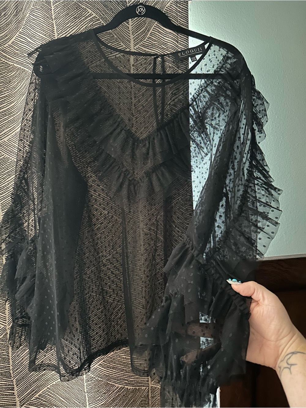 Eloquii Black Sheer Polka Dot Ruffle Blouse